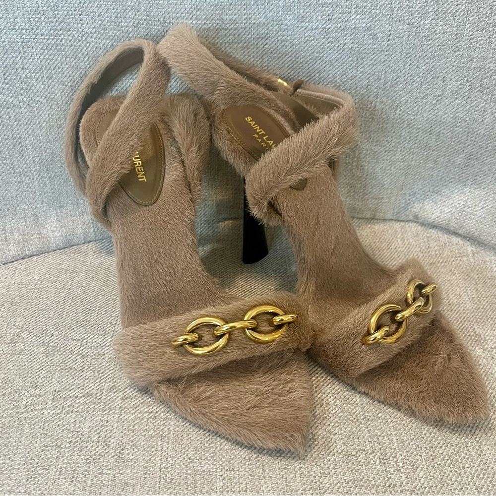 Saint Laurent Tan Fur High Heel Shoes with Gold Chain